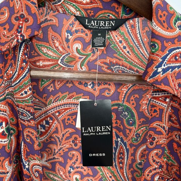 Lauren Ralph Lauren Double Faced Georgette Wrap Dress Size 14 Orange Print - Picture 9 of 14